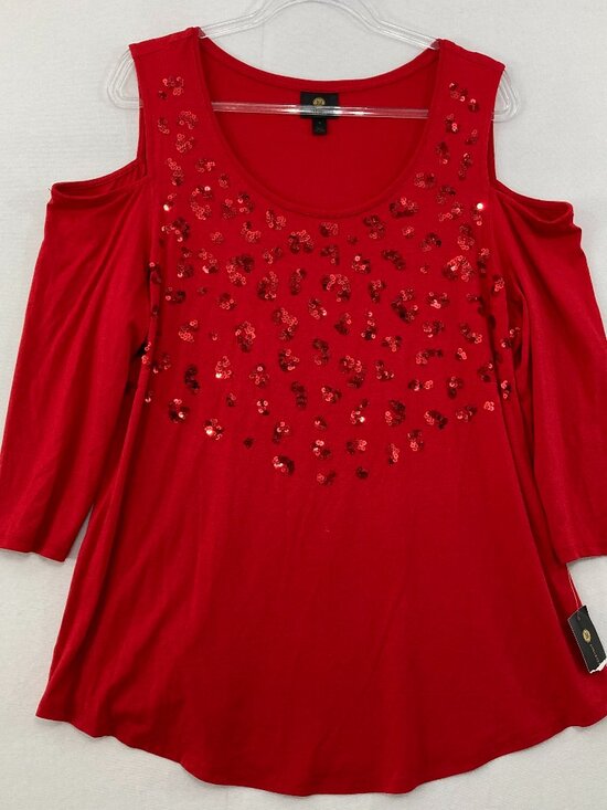 New JM Collection Top size XL Red Sequins Evening Cold Shoulder Stretch Romantic - Picture 1 of 10